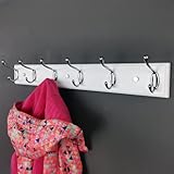 lomejii Holz Wandgarderobe mit 5 Silbernen Haken, 60cm, Starker Hakenleiste für Mantel, Hut, Tasche, Große Moderne Garderobenleiste für den Eingang Flur Schlafzimmer, weiß Garderobe