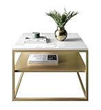 lukmebel Couchtisch Nova mit Regal Modern für Loft-Räume Pulverbeschichteter Edelstahl 17mm Tischplatte 68,5x68,5x48cm Ergonomisch Bequem Gold Matt/Weiß Glänzend