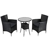 Juskys Polyrattan Balkon Set Bayamo 2 Personen — Tisch mit Glasplatte & 2 Stühlen — Wetterfeste Balkonmöbel — Auflagen waschbar — schwarz - grau