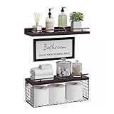 KOSTING Schweberegale mit 2 Ebenen für Badezimmer mit Korb, Holz Badezimmer Schweberegal mit Draht Aufbewahrungskorb, Badezimmer Regale über Toilette, für Schlafzimmer, Küche, Wohnzimmer und Pflanzen