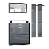 Vladon Garderobe Loret Mini, Garderobenset bestehend aus 1 Schuhschrank, 1 Wandspiegel und 2 Garderobenpaneele, Schwarz matt/Grau Hochglanz