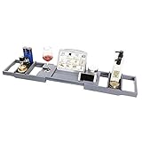 Creative Simplicityhome Creative Simplicity Bambus-Wannenbrücke mit Herausziehbaren Seiten, Eingebautes Buch, Tablet-Halter Handy-Fach Weinglashalter Seifenhandtuchhalter Snack-Platzierung (Grau) Pas
