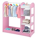 DREAMADE Kinderkleiderschrank mit Spiegel und Kleiderstange, Kinder Kleiderschrank Kinderregal mit 4 offener Ablagen, Kinder Kleiderständer für Kinderzimmer, 93,5x38x100cm (Rosa)