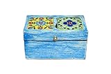PUSHPACRAFTS Mangoholz Schmuckkästchen – Schmuckaufbewahrung – Andenkenkiste – Aufbewahrungsbox – Bohemian Hand Painted Blue Distress 2 Keramikfliesen Box