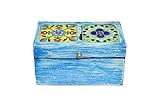 PUSHPACRAFTS Mangoholz Schmuckkästchen – Schmuckaufbewahrung – Andenkenkiste – Aufbewahrungsbox – Bohemian Hand Painted Blue Distress 2 Keramikfliesen Box