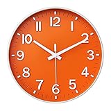 HZDHCLH 30cm Lautlos Wanduhr Schleichende Sekunde mit Arabisch Ziffer ohne Ticken für Dekoration Wohnzimmer, Küche, Büro, Schlafzimmer（Orange und Weiß ）