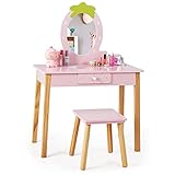 DREAMADE 2 in 1 Kinder Schminktisch mit Hocker und Spielgel, Kinderschminktisch aus Holz, Kosmetiktisch, Frisierkommode, Prinzessin Frisiertisch mit Schublade für Kinder Mädchen