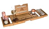 VELIATTE Badewannenablage Ausziehbar Holz 70-105 x 23 x 4 cm - Bamboo Bathtub mit Ständer und Stift für Tablets und Telefone - Wein Halterung Badewanne - Bath Table - Tablet Halterung Badewanne