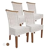 kreatives Wohnen Esszimmer-Stühle Set Rattanstühle Perth 4 Stück Sitzkissen Leinen weiß, Holz, Extra breit
