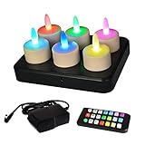 idyl light Wiederaufladbare LED Teelichter mit Fernbedienung, 55 Stunden Brenndauer, Wasserdichte LED Kerzen mit Timerfunktion für Heimdekoration, 6 Stück, RGB
