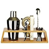 Arora 8-teiliges Bar-Werkzeug-Set mit Bambusständer – Schwarz/Gold – 590 ml Cobbler Cocktail-Shaker, Eiszange, Messbecher, Sieb, Likörausgießer, Kellner-Korkenzieher (851081)