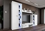 Furnix Wohnwand Riva Mediawand Modern Weiß Wohnzimmer 4-TLG Komplett-Set - TV Lowboard, Highboard Vitrine, Wandregal - Modern Freistehend - B 270 x H 190 x T 40,2 cm, Farbe Weiß