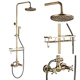 Rozin Messing Antik Dusche Wasserhahn mit Handbrause Duscharmatur 8 Zoll Duschkopf Regenduschkopf Regenbrause mit Lagerregal