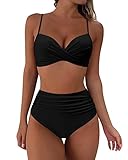 RXRXCOCO Damen Wickel Push Up Bikini Oberteil Bauchweg High Waist Bikini Set Bademode Schwarz Size L