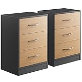Casaria® Nachttisch 2X Holz Grau 3 Schubladen Kabelführung Wandbefestigung Boxspringbett Schlafzimmer Nachtschrank Nachtkonsole Nachtkommode 54x39x28cm