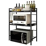 3 Etagen Erweiterbares Mikrowellen Regal, Ausziehbares Mikrowellenregal mit 6 Hängenden Haken Mikrowellenständer mit Aufbewahrung für Küchentheke Organizer, Kohlenstoffstahl (1, 3 Etagen,Schwarz)