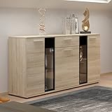 Furnix 3-türig Sideboard Sara ohne LED - Kommode mit Glastüren und Schubladen - 140 x 80 x 40 cm - Highboard für Wohnzimmer Flur Schlafzimmer - Anrichte mit viel Stauraum - Eiche Sonoma