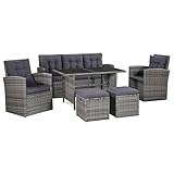 Hommdiy Gartenmöbel-Set, Balkonmöbel Poly Rattan Sitzgruppe 6 er Garten Lounge Set mit Auflagen Poly Rattan Grau