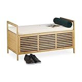 Relaxdays Sitzbank mit Stauraum, Aufbewahrungsbox m. Sitzkissen f. Flur, Bambus Truhe L HxBxT: 50 x 93 x 48 cm, natur