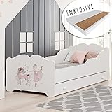 Kids Collective Mädchenbett Kinderbett 80x160 cm mit Matratze und Schublade, Rausfallschutz & Lattenrost in weiß Prinzessin mit Pferd Motiv 160x80 bis 10 Jahre