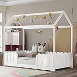 Merax Kinderbett 90x200 cm, Schönes Hausbett mit Rausfallschutz und Lattenrost, Vielseitiges Holz Spielbett mit Zaun, Baumhausbett für Jungen & Mädchen, Weiß
