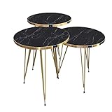 moebel17 5361 EYGD05 - Beistelltisch 3 er Set rund - Kaffeetisch Satztisch mit Metallgestell, Wohnzimmertisch Tisch, Schwarz Marmor, vergoldet, Breite 38 cm x Höhe (H) 45,5 cm (H) 49,5 cm (H) 53,5 cm