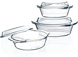 3-er Set Kleinen Auflaufformen mit Deckel, 0.65+1+1.4L, Rund, Mikrowellengeeignet, Ofenfest, Auflaufset mit transparentem Deckel