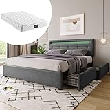 AMDXD Bettgestell mit LED-Beleuchtung und 4 Schubladen, Inklusive Matratze, Doppelbett Polsterbett 140x200cm, Höhenverstellbarem Kopfteil, Lattenrost aus Holz, Grau