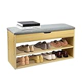 PIPIPOXER Schuhschrank Schuhbank mit Sitzbank und Sitzkissen, Sitzbank mit Sitzfläche und Speicherfunktion,Holz Schuhregal mit Stauraum unter Sitzfläche für Flur und Eingang 80x30x44cm Holzfarbe