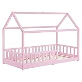 Juskys Kinderbett Marli 90 x 200 cm mit Rausfallschutz, Lattenrost und Dach - Massivholz Hausbett für Kinder - Bett in Rosa