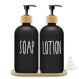 Mamiddle Seifenspender Schwarz Matt Set 500ml Seifenspender Glas mit Tablett Spülmittelspender Shampoo Spender Soap Dispenser für Küche und Dusche(Schwarz + Schwarz)