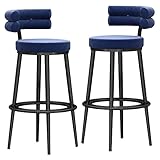 Moderne Samt-Barhocker im 2er-Set, gepolsterte Stühle mit Rückenlehne und schwarzer Fußstütze, Esszimmerstühle für die Hausbar in Pub-Höhe, 29,5 Zoll, Blau