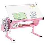 CARO-Möbel Kinderschreibtisch Sari höhenverstellbar in weiß/rosa, Schreibtisch für Kinder neigbar mit Rille für Stifte, Schülerschreibtisch mit Ablage und Rucksackhalterung