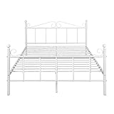 H.J WeDoo Doppelbett Metallbett Ehebett Bett Metall Bettgestell mit Lattenrost für Gästezimmer Schlafzimmer Bett In Weiß Blume Design 140 x 200cm,Weiß