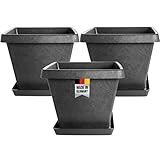2friends Pflanzkübel groß außen 40x40 cm eckig Blumenkübel mit Untersetzer 3er Set Blumentopf Gross Kunststoff Pflanztopf, innovatives Stone-Design Anthrazit extra stabil frostsicher, Model:Arthur
