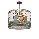 Paco Home Kinderlampe Deckenlampe Pendelleuchte Kinderzimmer, Dschungel-Tiere, E27, Lampenschirm: Grün (Ø45.5 cm), Lampentyp: Pendelleuchte Schwarz