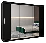 Kryspol Schwebetürenschrank Tokyo 2-250 cm mit Spiegel Kleiderschrank mit Kleiderstange und Einlegeboden Schlafzimmer- Wohnzimmerschrank Schiebetüren Modern Design (Schwarz)