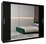 Kryspol Schwebetürenschrank Tokyo 2-250 cm mit Spiegel Kleiderschrank mit Kleiderstange und Einlegeboden Schlafzimmer- Wohnzimmerschrank Schiebetüren Modern Design (Schwarz)