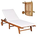 GIANTEX Sonnenliege Klappbar Holz, Mobile Gartenliege mit Rollen, Liegestuhl mit Verstellbarer Rückenlehne, inkl. Kissen, Relaxliege Strandliege Massivholz bis 160 kg belastbar, Outdoor-Liege Garten