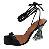 Damen Mode Sommer Einfarbig Leder Knöchelriemen High Heel Sandalen Damen Extra Breite Sandalen, Schwarz , 38.5 EU