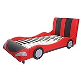 Bett HWC-E14, Auto Junge Kinderbett Jugendbett, Lattenrost Kunstleder Holz 190x100cm - schwarz-rot