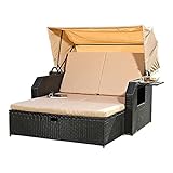 ALIDAM Gartenmöbel Set Strandkorb Rattan Schwarz Sonneninsel Gartenliege Rattanbett Sonnenliege Sofa lounge set