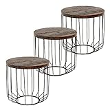 WOMO-DESIGN Couchtisch 3er Set rund Ø 50x50 cm, Natur, Unikat, handgefertigt aus Massivholz Altholz, Metallgestell Metallkorb, 3-teilig Tisch-Set, Satztische, Wohnzimmertisch Beistelltisch Sofatisch