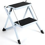 Klappleiter mit 2 Stufen, Trittleiter Klappbar Leiter mit 20x30cm Anti-rutsch Stufen, Klapptritt mit rutschfeste Füßen, Metal Step Ladder Belastbar bis 150 kg