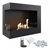 KRATKI Delta 600 Bio Ethanol Eckkamin Links + Kieselsteine + Trichter + Aromatherapie-Set | Wand- oder Nischenmontage l Biocontainer 0,5 l, TÜV | Stahl, Verglasung, 48 x 60 cm, Schwarz