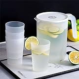 Saftkanne Fassungsvermögen mit vielseitigem Deckel kalte Getränke wie Saft Eistee Tee Milch Wasserkaraffe aus Kunststoff Sets inklusive 4 Wasser Gläser Getränkekaraffe