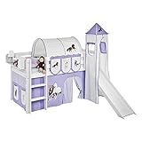 Lilokids Spielbett JELLE Pferde Lila Beige - Hochbett weiß - mit Turm, Rutsche und Vorhang