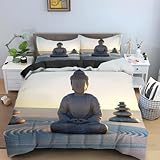 MDKLXIDF Bettwäsche 220x240 cm Buddha-Figur 3 Teilig Wendemotiv Bettbezüge Bettwäsche-Sets Für Doppelbett, Hypoallergen Mikrofaser Bettbezug mit Reißverschluss und 2 Kissenbezug 80x80 cm