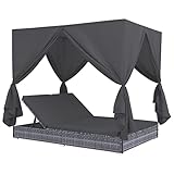 vidaXL Sonnenliege mit Vorhängen Gartenliege Lounge Doppelliege Relaxliege Sonnenbett Doppelbett Gartenmöbel Liege Liegestuhl Poly Rattan Grau