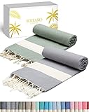 SOLTAKO Strandtuch groß 100x200 Baumwolle Saunatuch Badetuch Hamamtuch Yoga Decke Pestemal Damen Herren Geschenkset extra groß leicht leicht, 100 x 200 cm (Pastellgrau-Olivegrün, 2)